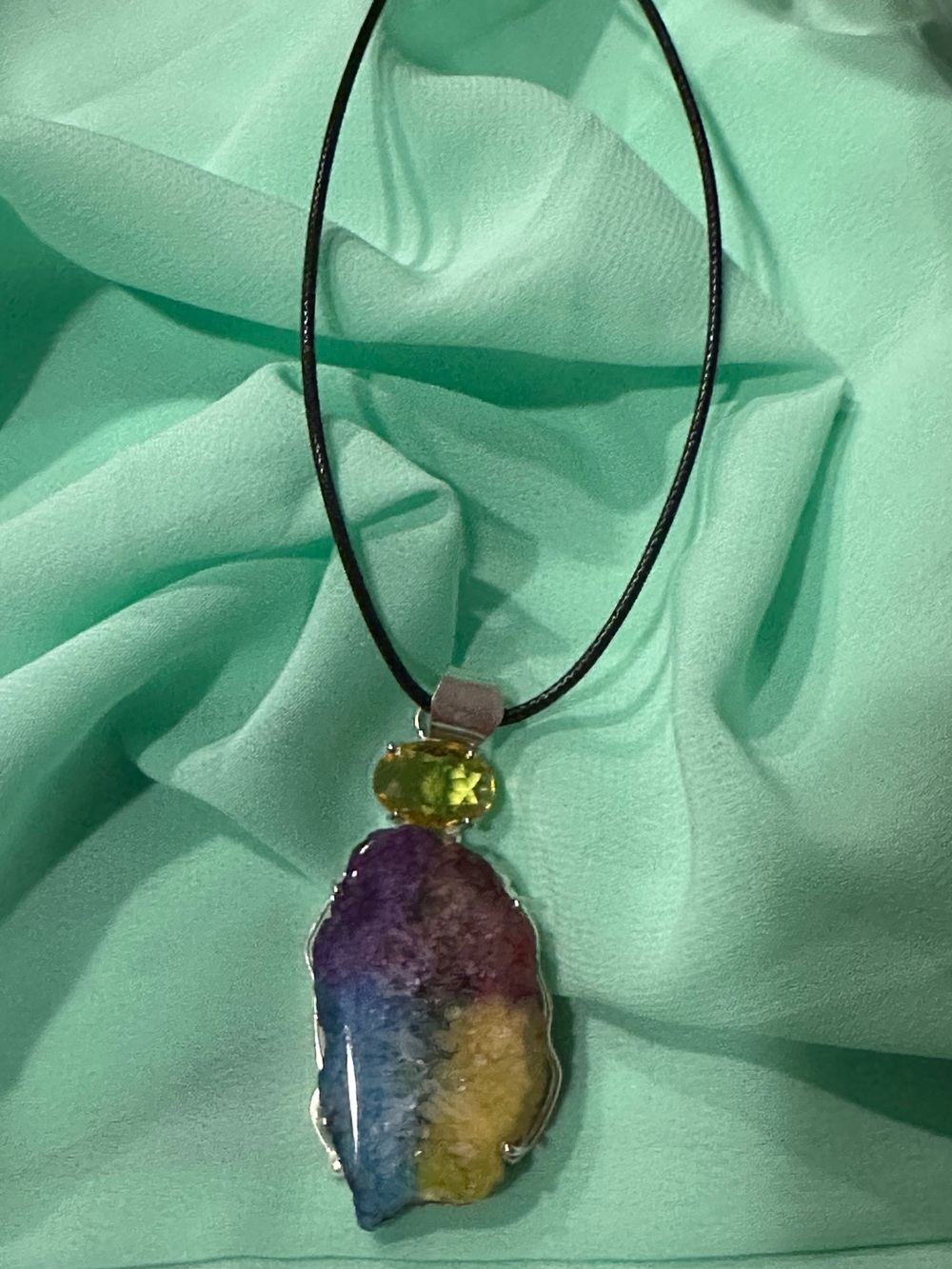 Multicolor Druzy Pendant Necklace with Green Accent Stone